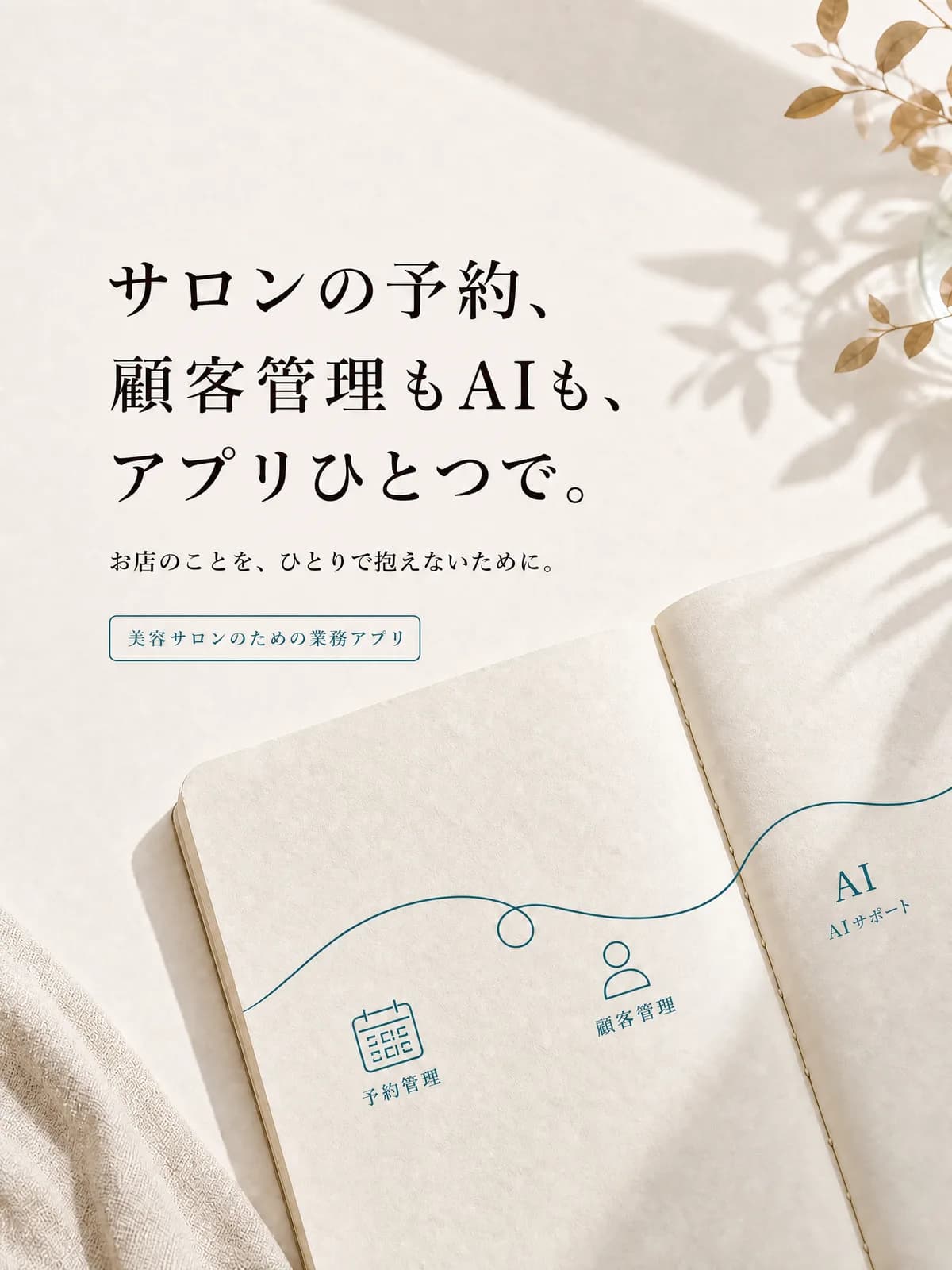 サロンの予約、顧客管理もAIも、アプリひとつで。お店のことを、ひとりで抱えないために。美容サロンのための業務アプリ。