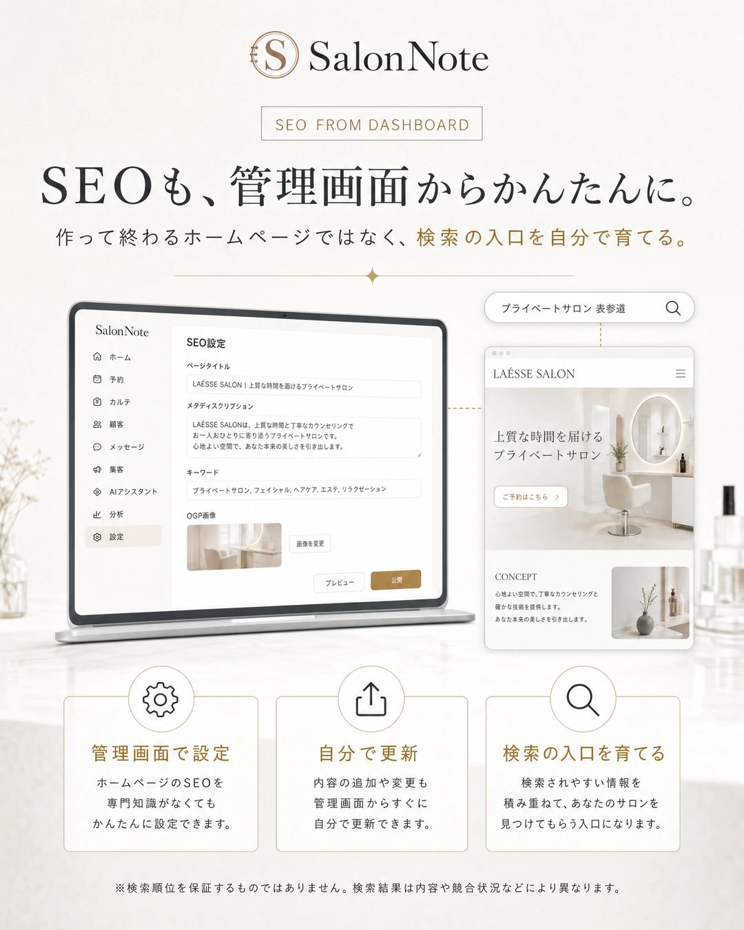管理画面からSEO設定と更新ができる機能。検索順位を保証しない旨の注記を掲載。