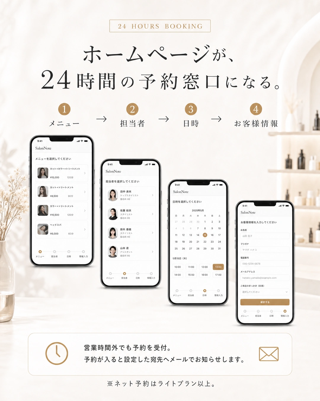 ホームページを24時間の予約窓口にするネット予約機能。ライトプラン以上の注記。