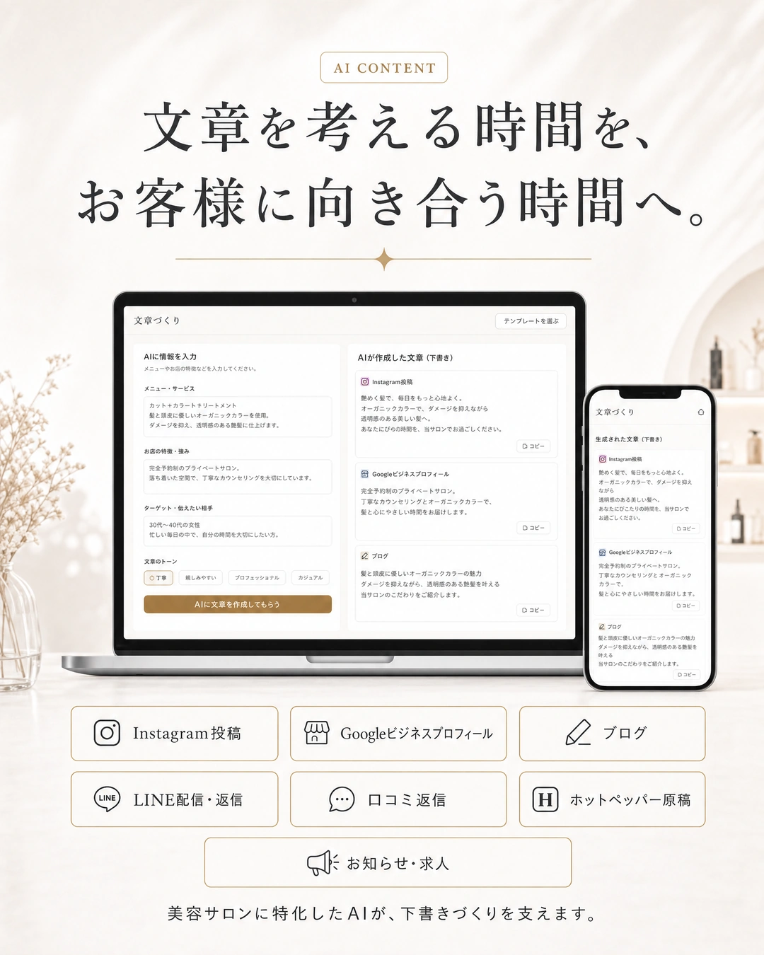 美容サロンに特化したAIがSNS、ブログ、LINE、口コミ返信などの下書きを支援。