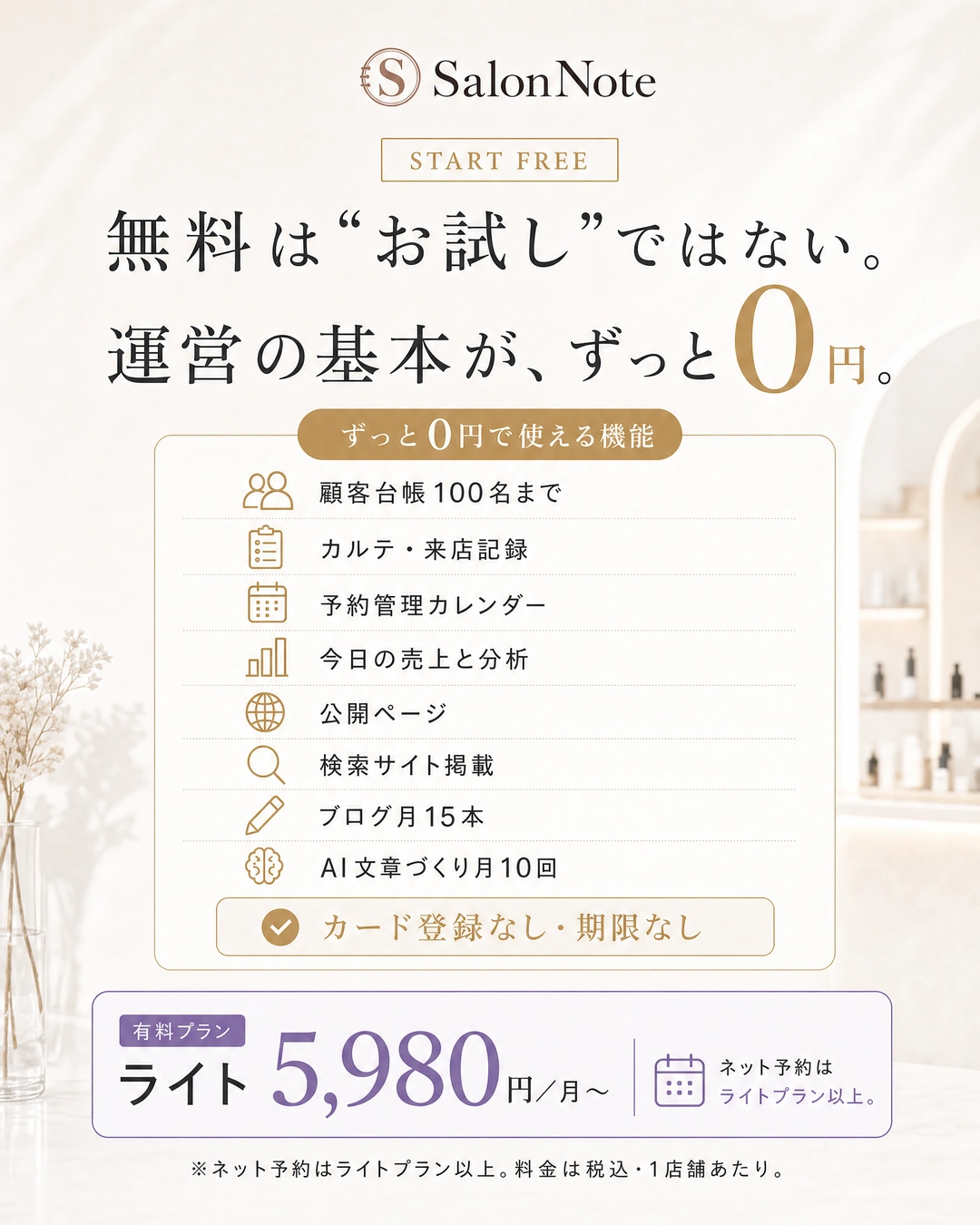 0円で使えるフリープランの主な機能とライトプラン月額5,980円からの料金案内。